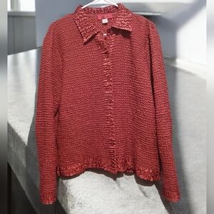 Carina Dark Red Puckered Shiny Button Down Womans Crinkled Size Medium Holiday